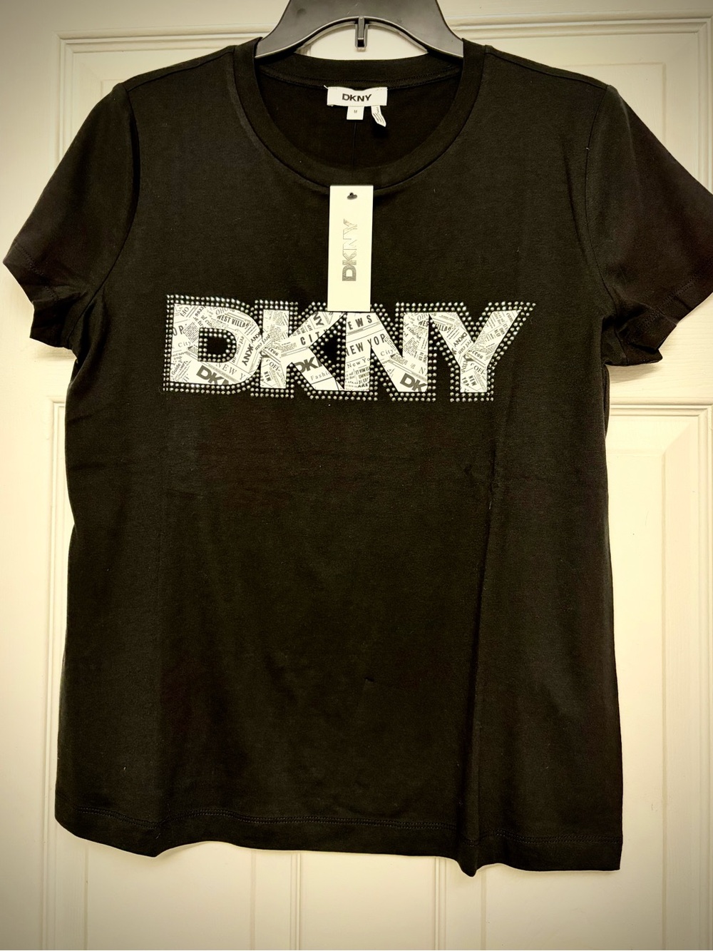 DKNY Black Graphic Logo Tee with Silver Stud Detailing